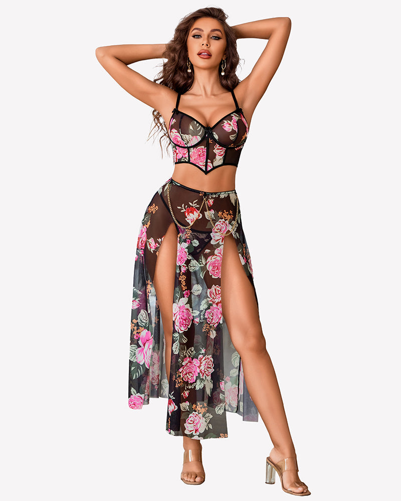 3 Piece Set Mesh Side Split Nightgown Black Floral Lingerie Sets-Skirt Sets - Tophatter Daily Deals
