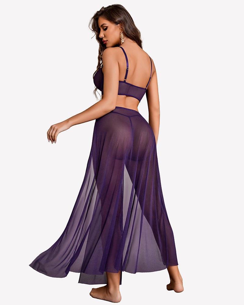 3 Piece Set Mesh Side Split Nightgown Lingerie Sets-Skirt Sets - Tophatter Daily Deals