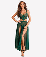 3 Piece Set Mesh Side Split Nightgown Dark Green Lingerie Sets-Skirt Sets - Tophatter Daily Deals
