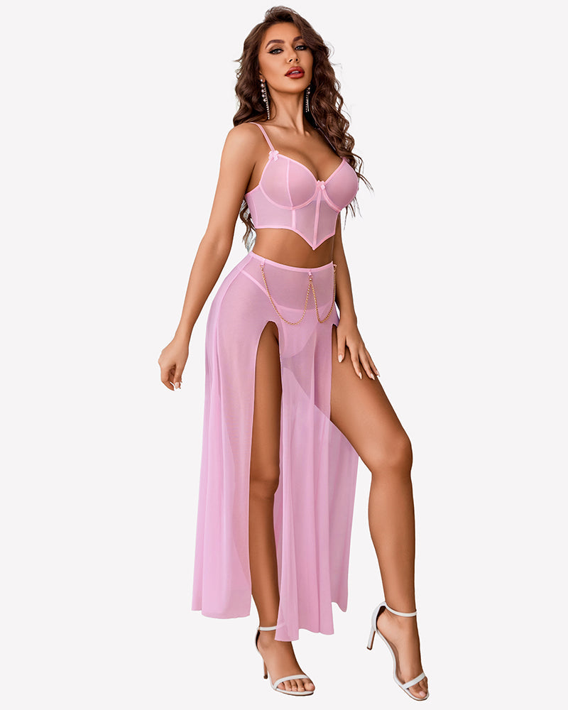3 Piece Set Mesh Side Split Nightgown Pink Lingerie Sets-Skirt Sets - Tophatter Daily Deals