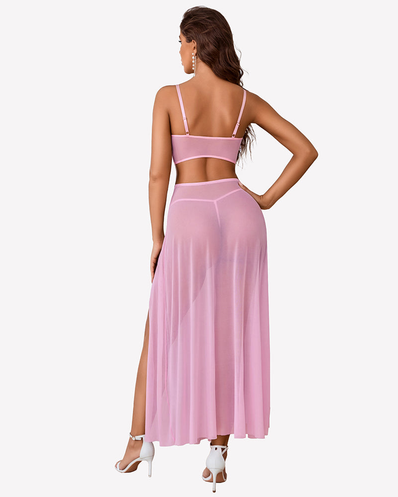 3 Piece Set Mesh Side Split Nightgown Lingerie Sets-Skirt Sets - Tophatter Daily Deals