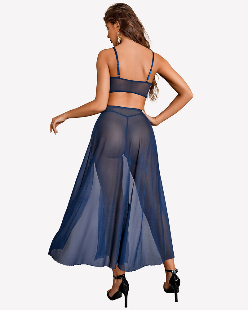 3 Piece Set Mesh Side Split Nightgown Lingerie Sets-Skirt Sets - Tophatter Daily Deals