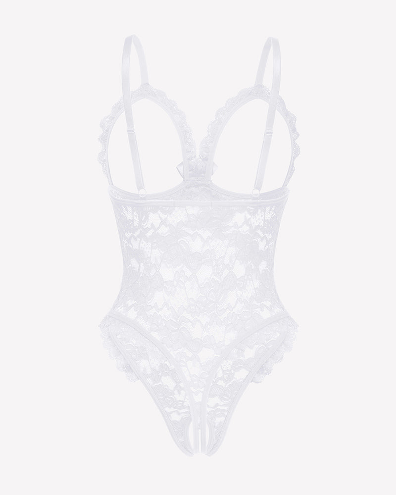 Lace Teddy Ruffle V Neck Bodysuit Lingeries-Bodysuits - Tophatter Daily Deals