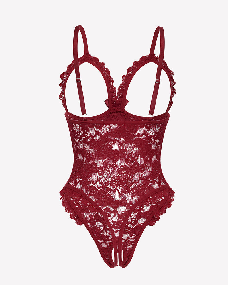 Lace Teddy Ruffle V Neck Bodysuit Lingeries-Bodysuits - Tophatter Daily Deals