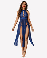 Mesh Nightwear Side Split Nightgown Navy Blue Sleepwears-nightgowns - Tophatter Daily Deals