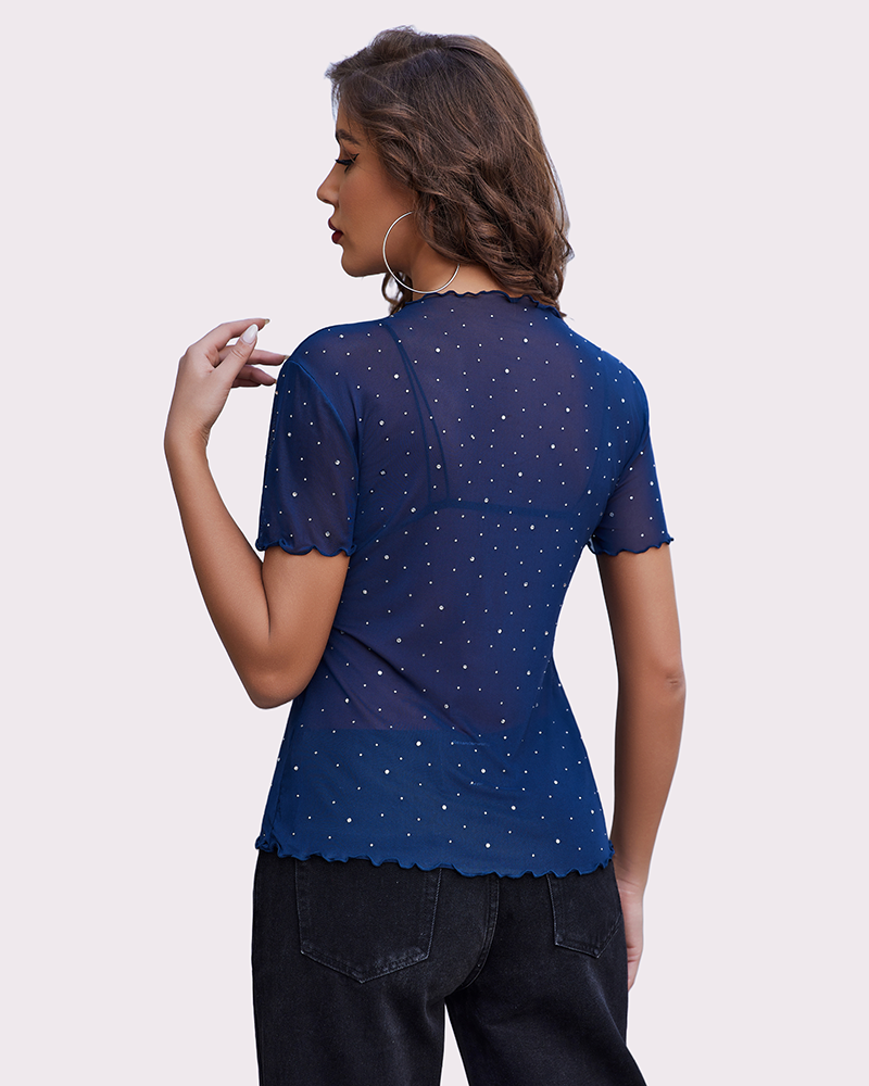 Mesh Tops Short Sleeve Rhinestone Shirts Lingeries-Crop tops - Tophatter Daily Deals