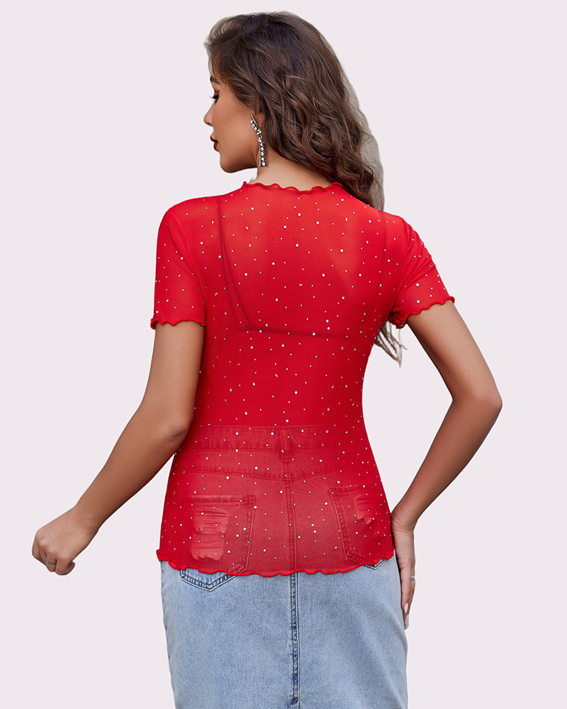 Mesh Tops Short Sleeve Rhinestone Shirts Lingeries-Crop tops - Tophatter Daily Deals
