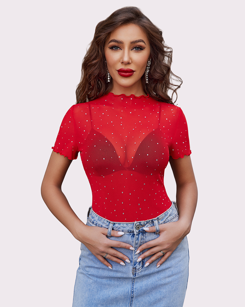 Mesh Tops Short Sleeve Rhinestone Shirts Lingeries-Crop tops - Tophatter Daily Deals