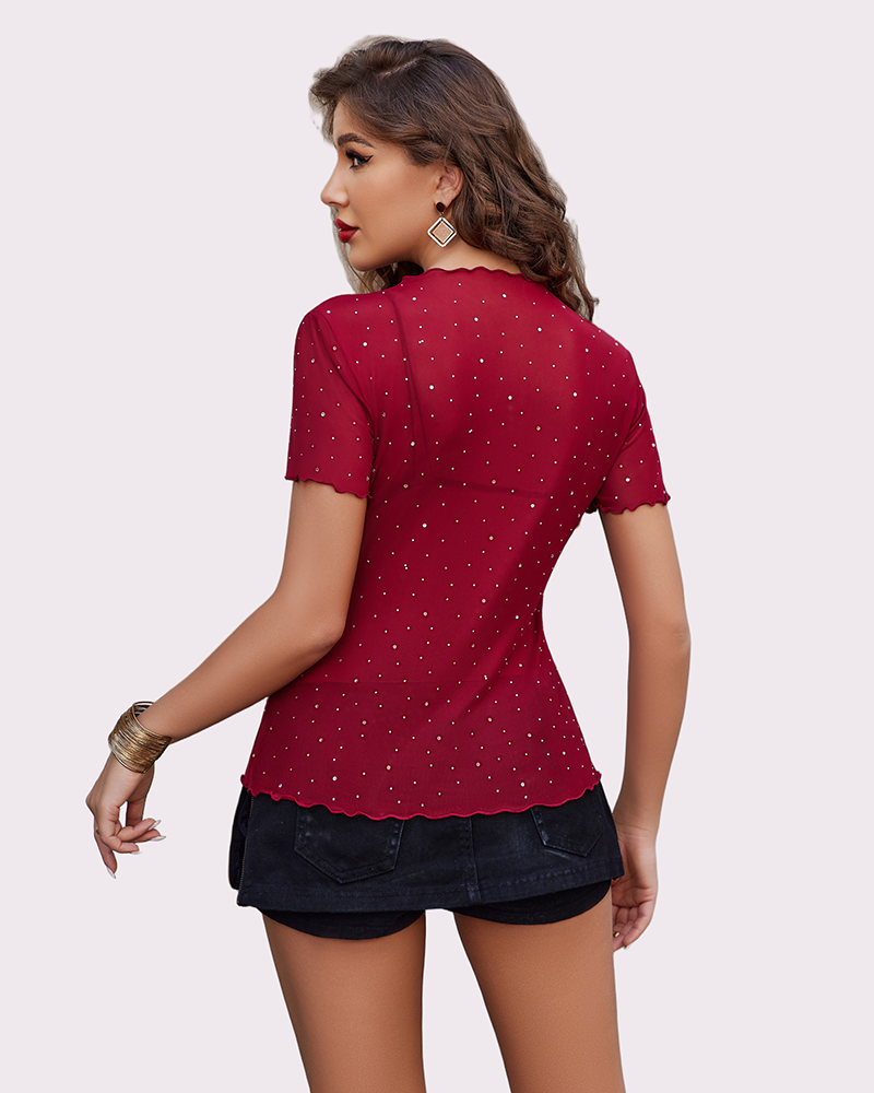Mesh Tops Short Sleeve Rhinestone Shirts Lingeries-Crop tops - Tophatter Daily Deals