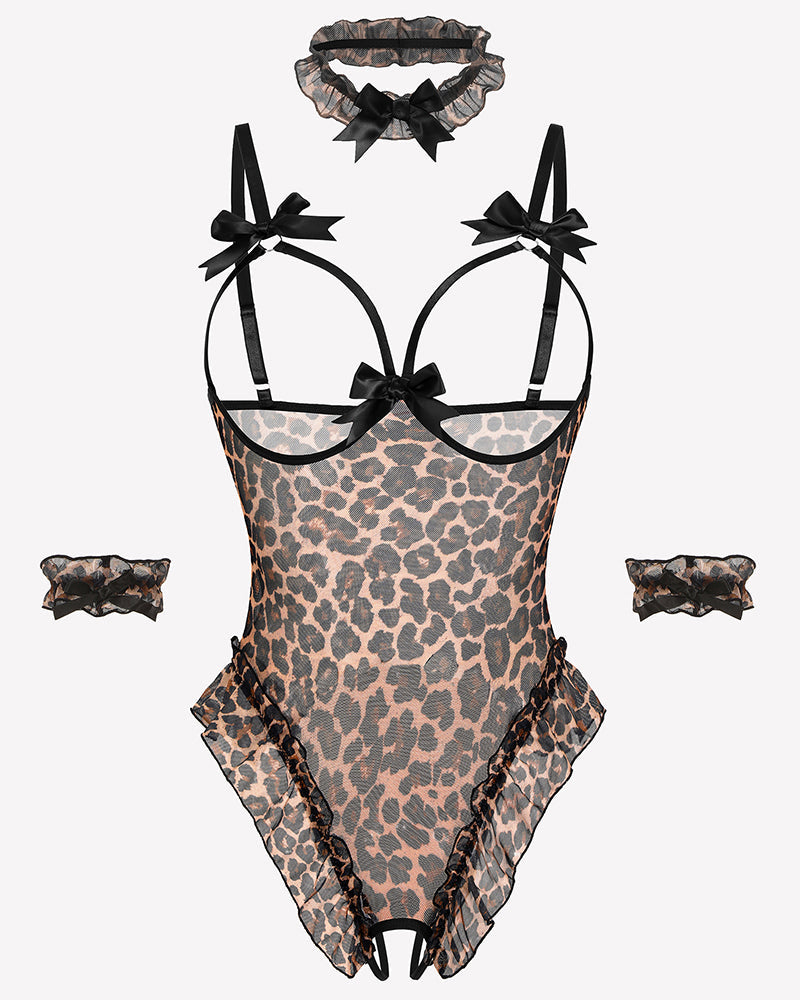 4 Piece Set Sheer Mesh Teddy Bodysuits Leopard Lingeries-Bodysuits - Tophatter Daily Deals