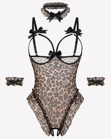 4 Piece Set Sheer Mesh Teddy Bodysuits Leopard Lingeries-Bodysuits - Tophatter Daily Deals