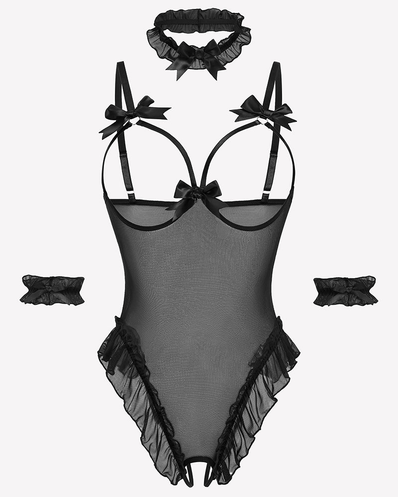 4 Piece Set Sheer Mesh Teddy Bodysuits Black Lingeries-Bodysuits - Tophatter Daily Deals