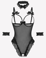 4 Piece Set Sheer Mesh Teddy Bodysuits Black Lingeries-Bodysuits - Tophatter Daily Deals