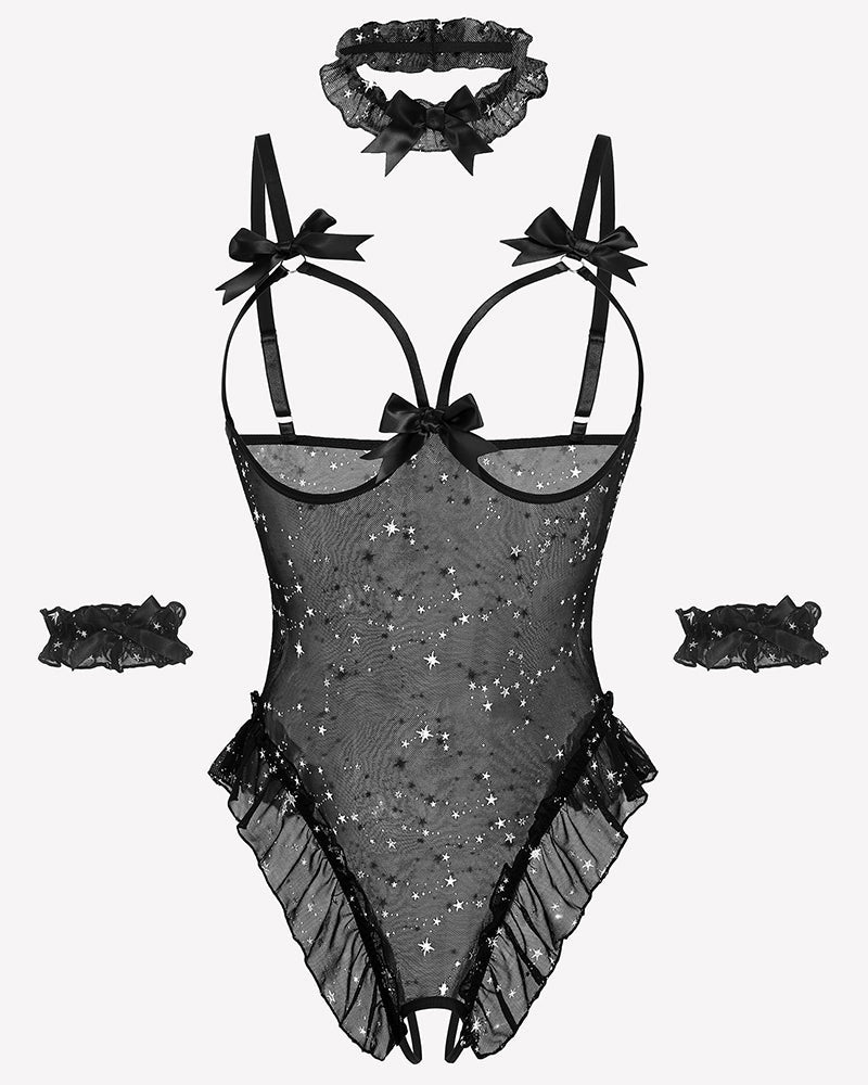 4 Piece Set Sheer Mesh Teddy Bodysuits Constellation Lingeries-Bodysuits - Tophatter Daily Deals