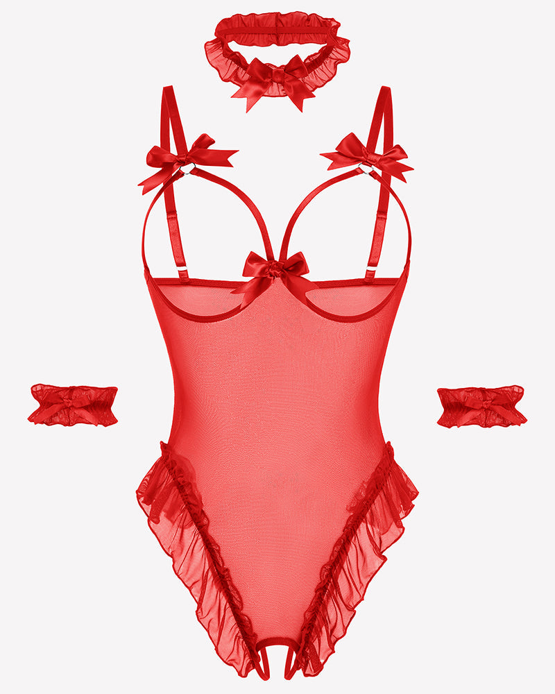 4 Piece Set Sheer Mesh Teddy Bodysuits Red Lingeries-Bodysuits - Tophatter Daily Deals