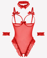 4 Piece Set Sheer Mesh Teddy Bodysuits Red Lingeries-Bodysuits - Tophatter Daily Deals