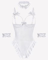 4 Piece Set Sheer Mesh Teddy Bodysuits White Lingeries-Bodysuits - Tophatter Daily Deals