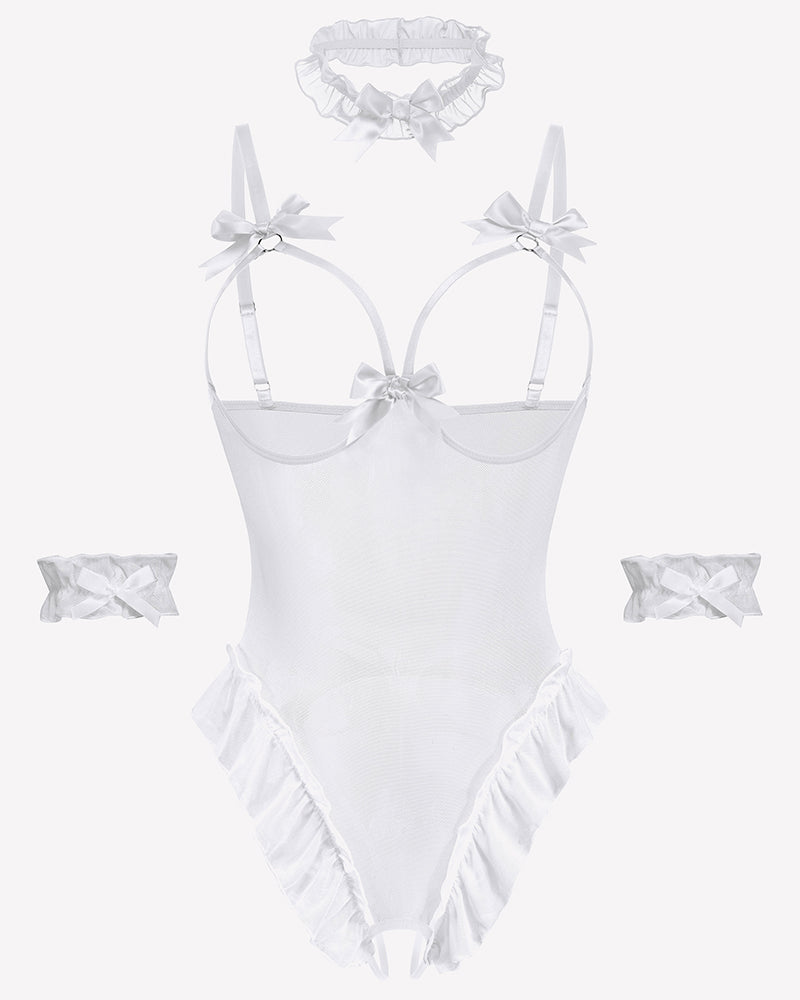 4 Piece Set Sheer Mesh Teddy Bodysuits White Lingeries-Bodysuits - Tophatter Daily Deals