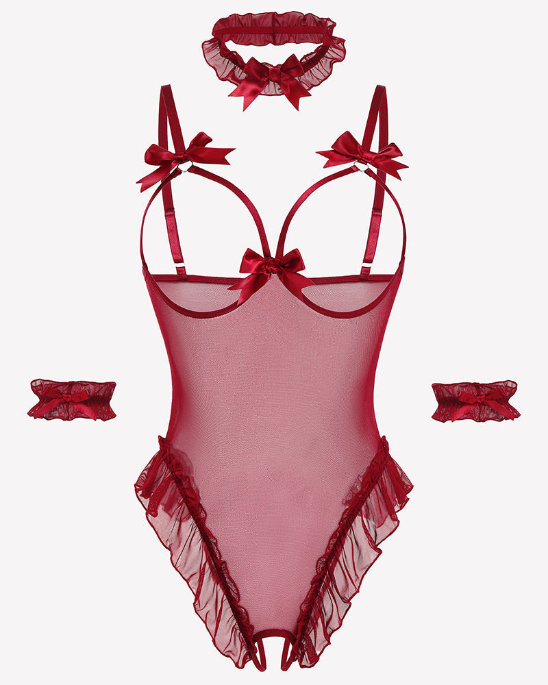 4 Piece Set Sheer Mesh Teddy Bodysuits Wine Red Lingeries-Bodysuits - Tophatter Daily Deals