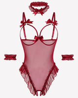4 Piece Set Sheer Mesh Teddy Bodysuits Wine Red Lingeries-Bodysuits - Tophatter Daily Deals