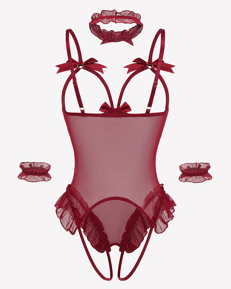4 Piece Set Sheer Mesh Teddy Bodysuits Lingeries-Bodysuits - Tophatter Daily Deals