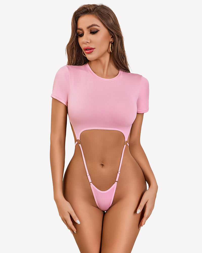 Short Sleeve Slim Fit Crew Neck Body Suits Pink Lingeries-Bodysuits - Tophatter Daily Deals