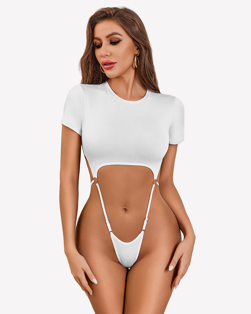 Short Sleeve Slim Fit Crew Neck Body Suits White Lingeries-Bodysuits - Tophatter Daily Deals