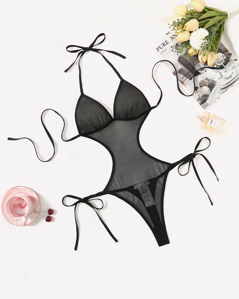 Deep V Teddy Lingerie Mesh Cut Out Bodysuit Lingeries-Bodysuits - Tophatter Daily Deals