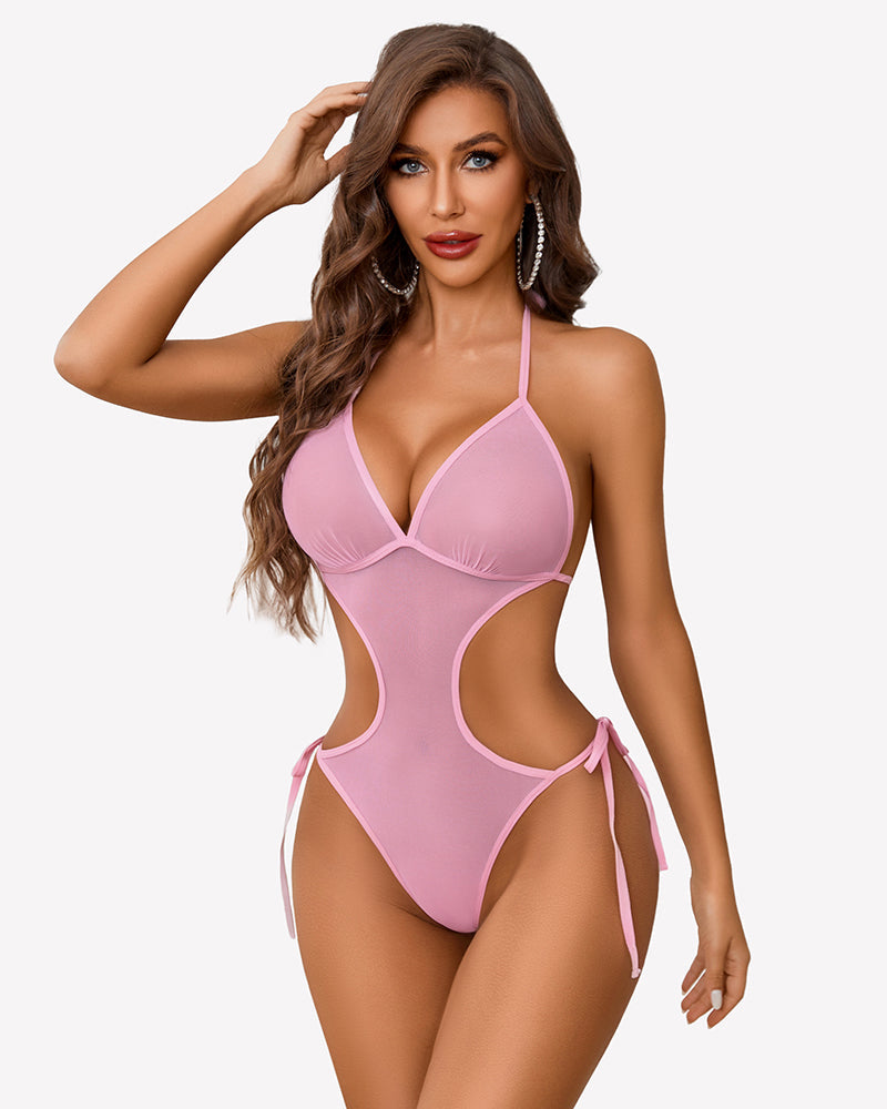 Deep V Teddy Lingerie Mesh Cut Out Bodysuit Pink Lingeries-Bodysuits - Tophatter Daily Deals