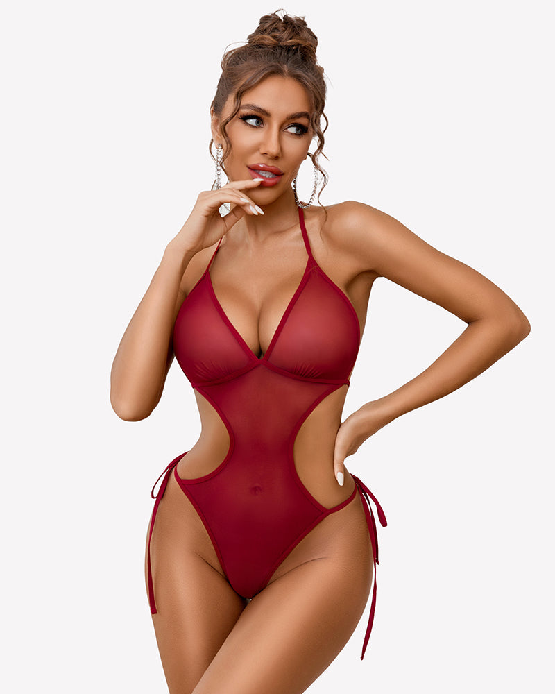 Deep V Teddy Lingerie Mesh Cut Out Bodysuit Red Lingeries-Bodysuits - Tophatter Daily Deals