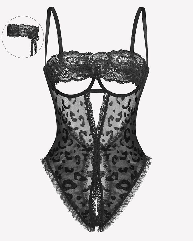 Lace V Neck Crotchless Teddy Lingerie Black Leopard Lingeries-Bodysuits - Tophatter Daily Deals