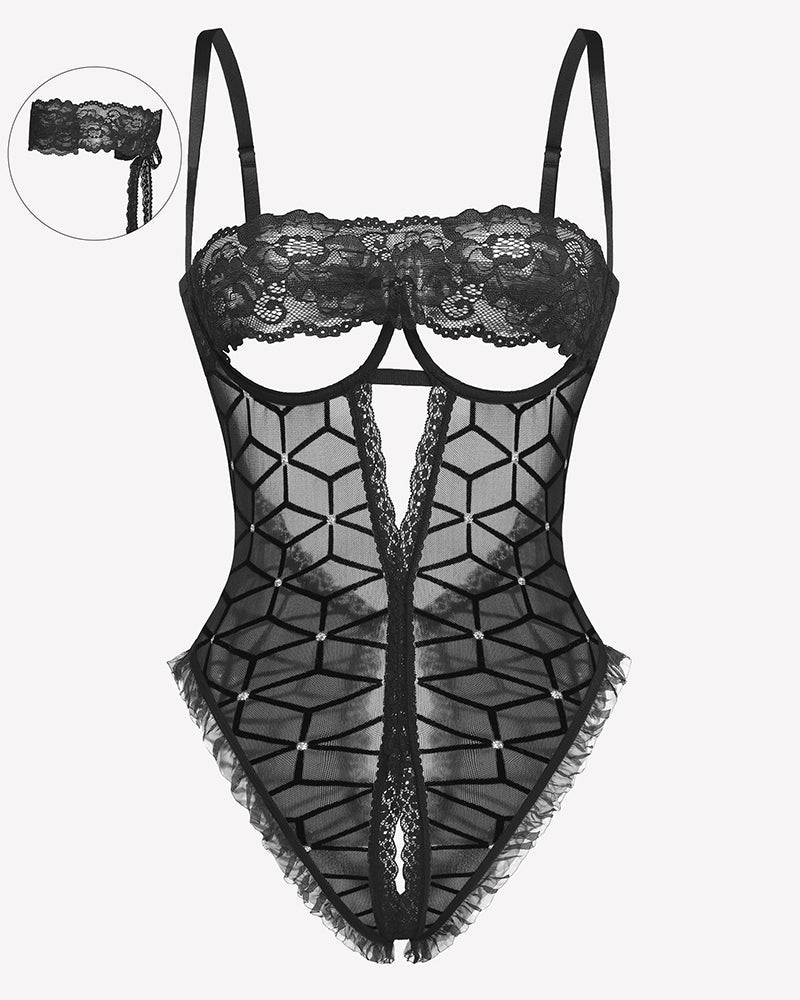 Lace V Neck Crotchless Teddy Lingerie Black Geometry Lingeries-Bodysuits - Tophatter Daily Deals