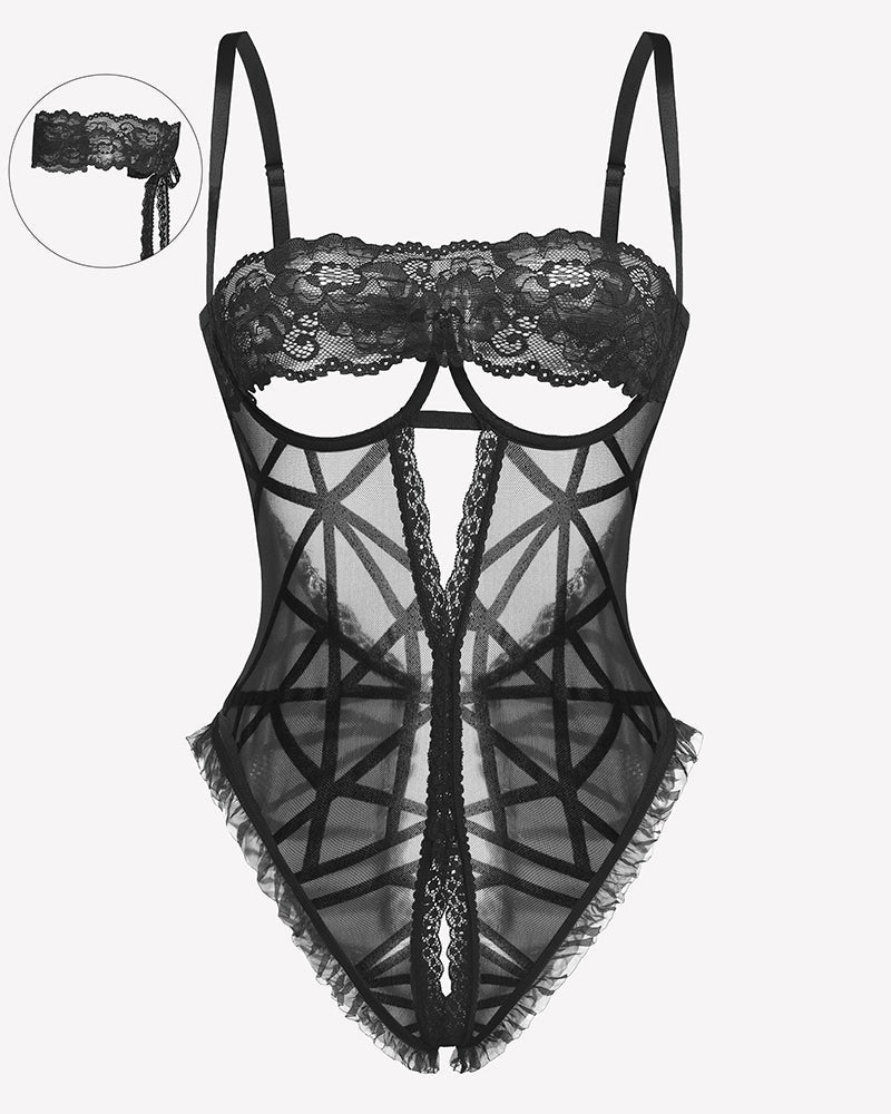 Lace V Neck Crotchless Teddy Lingerie Black Line Lingeries-Bodysuits - Tophatter Daily Deals