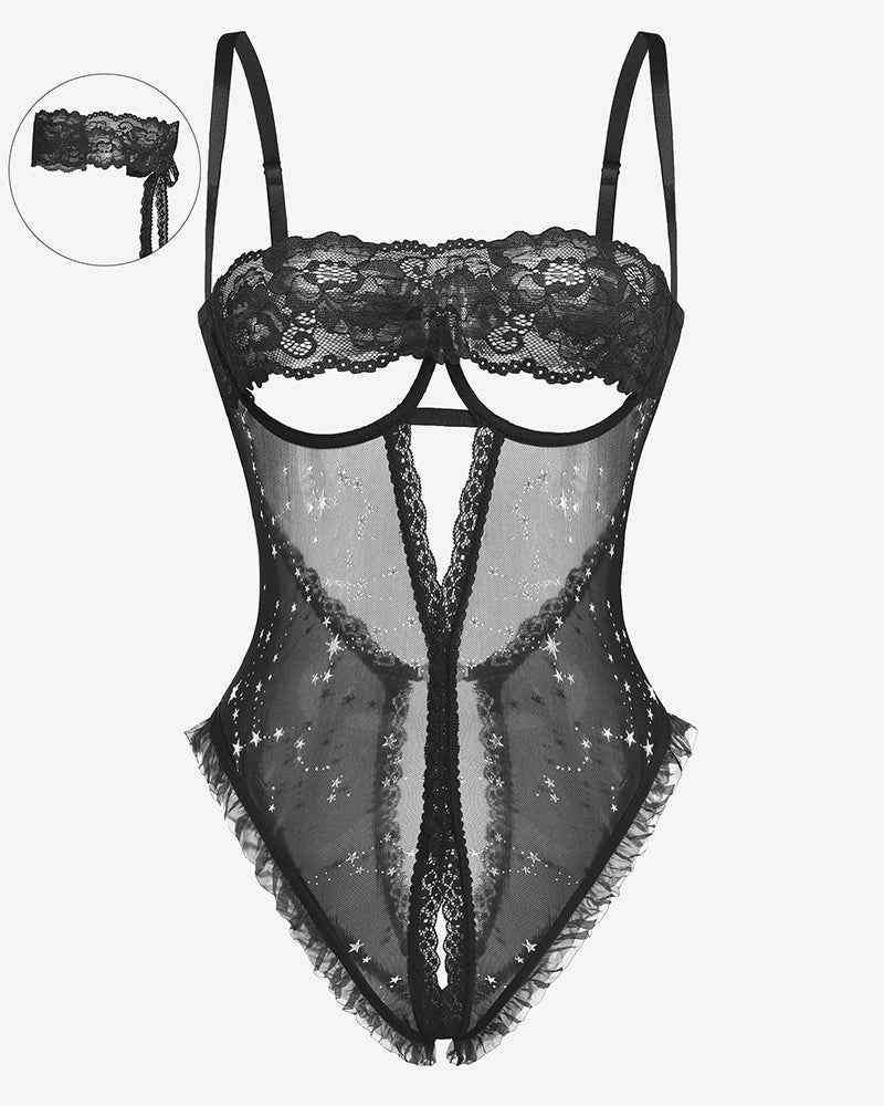 Lace V Neck Crotchless Teddy Lingerie Black Star Lingeries-Bodysuits - Tophatter Daily Deals