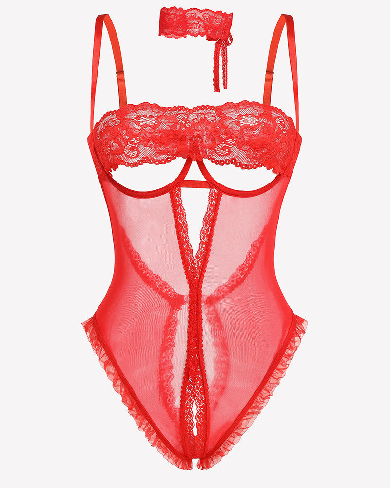 Lace V Neck Crotchless Teddy Lingerie Red Lingeries-Bodysuits - Tophatter Daily Deals