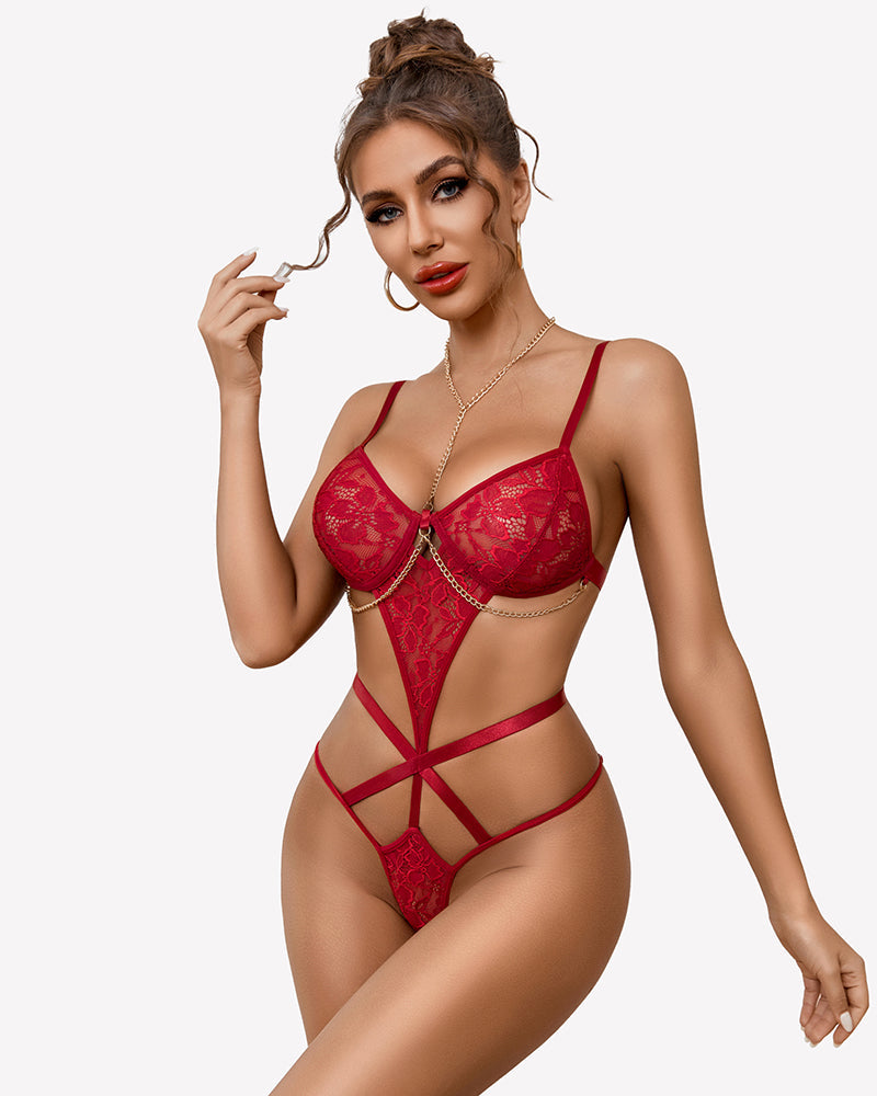 Lace Cut Out One Piece Bodysuit Dark Red Lingeries-Bodysuits - Tophatter Daily Deals