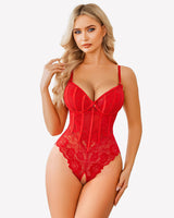 V Neck Body Suits One Piece Floral Teddy Red Lingeries-Bodysuits - Tophatter Daily Deals