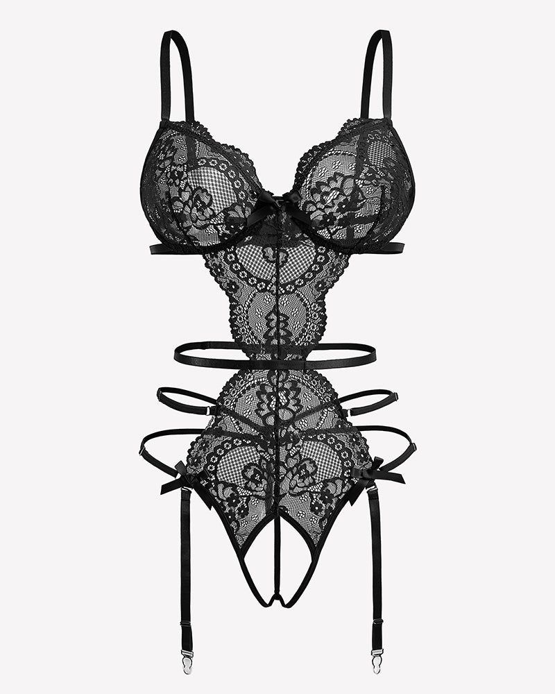 Deep V Teddy Lace Cut Out Garter Sets Lingeries-Bodysuits - Tophatter Daily Deals
