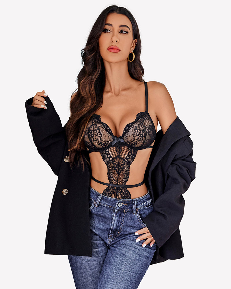 Deep V Teddy Lace Cut Out Garter Sets Lingeries-Bodysuits - Tophatter Daily Deals