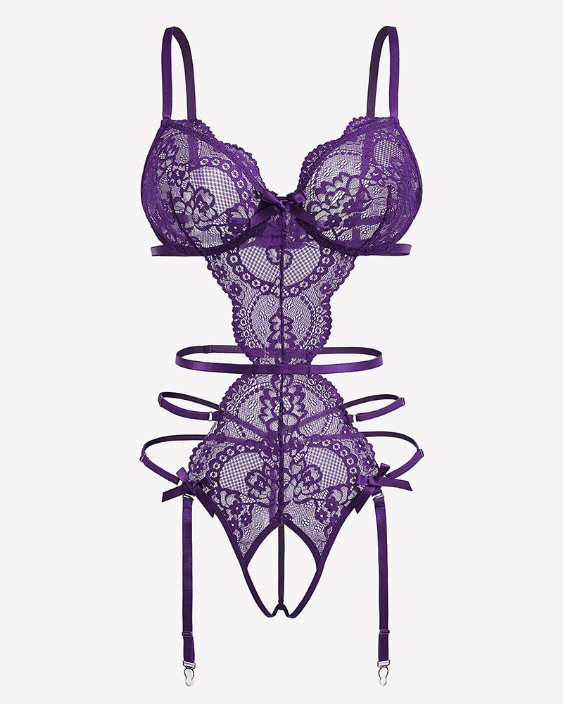 Deep V Teddy Lace Cut Out Garter Sets Lingeries-Bodysuits - Tophatter Daily Deals