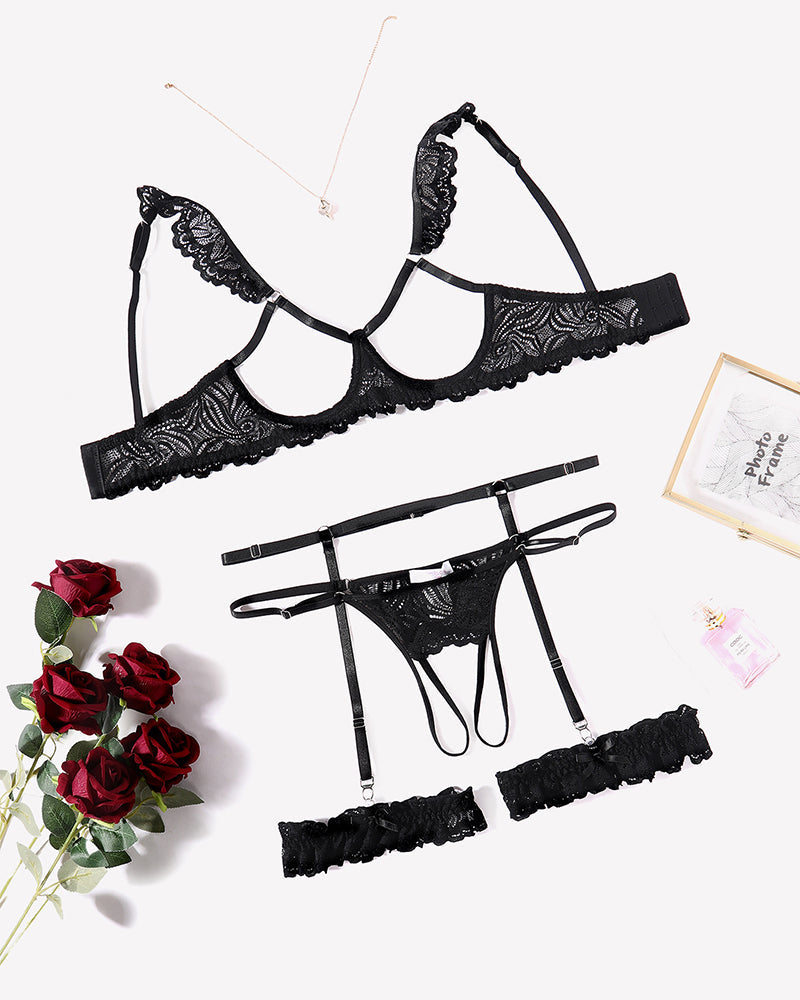 Floral Lace Bra and Panty Garter Sets Black Lingerie Sets-Bra Sets - Tophatter Daily Deals