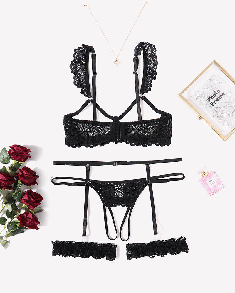 Floral Lace Bra and Panty Garter Sets Lingerie Sets-Bra Sets - Tophatter Daily Deals
