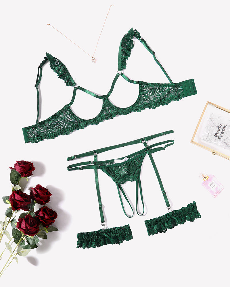 Floral Lace Bra and Panty Garter Sets Lake Green Lingerie Sets-Bra Sets - Tophatter Daily Deals