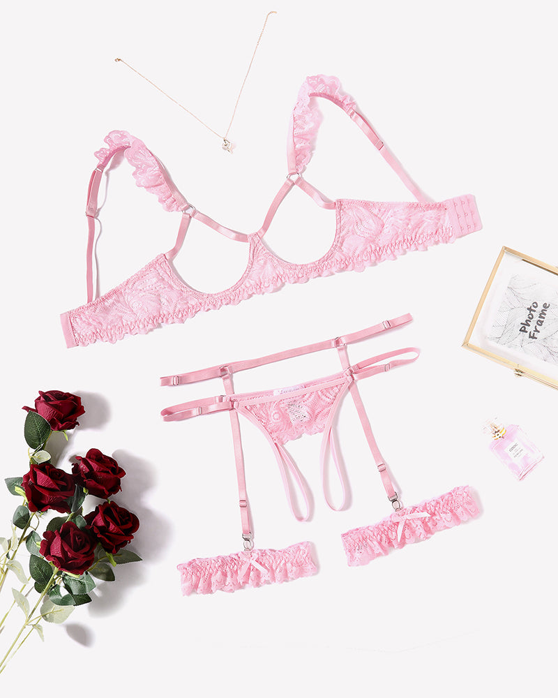 Floral Lace Bra and Panty Garter Sets Pink Lingerie Sets-Bra Sets - Tophatter Daily Deals