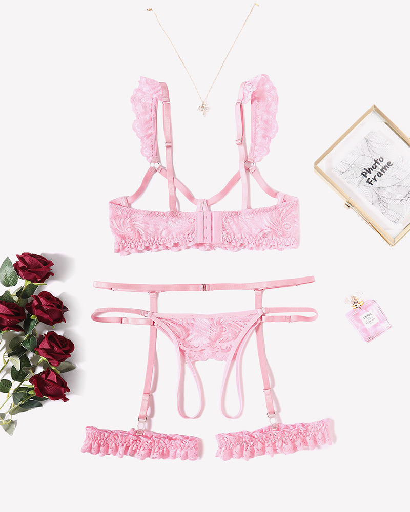 Floral Lace Bra and Panty Garter Sets Lingerie Sets-Bra Sets - Tophatter Daily Deals