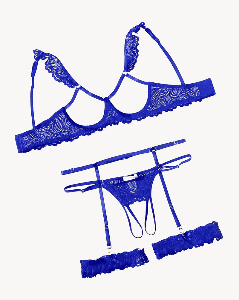 Floral Lace Bra and Panty Garter Sets Sky Blue Lingerie Sets-Bra Sets - Tophatter Daily Deals