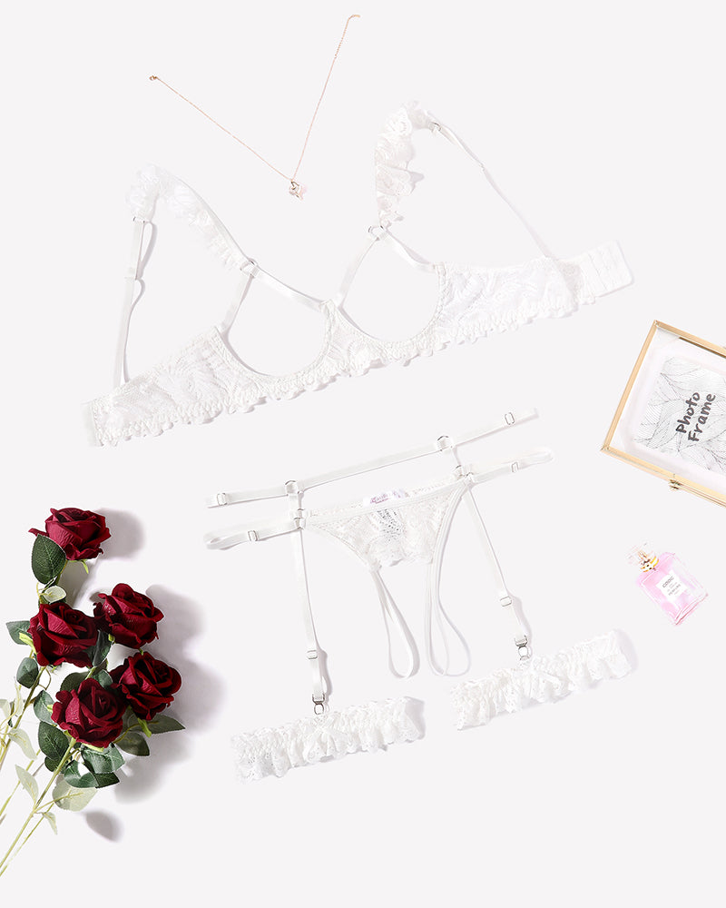 Floral Lace Bra and Panty Garter Sets White Lingerie Sets-Bra Sets - Tophatter Daily Deals