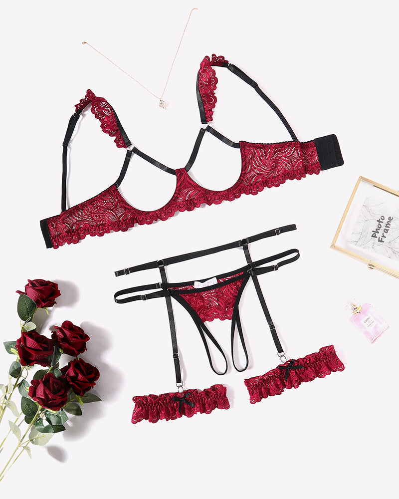 Floral Lace Bra and Panty Garter Sets Wine Red Lingerie Sets-Bra Sets - Tophatter Daily Deals