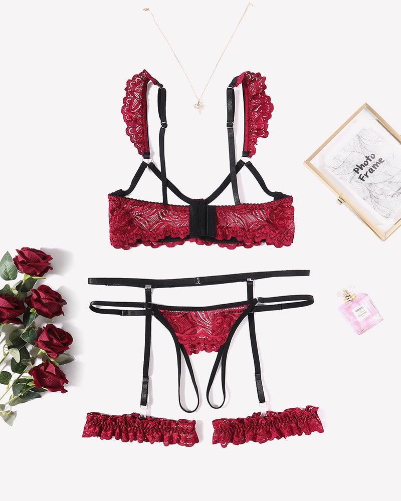 Floral Lace Bra and Panty Garter Sets Lingerie Sets-Bra Sets - Tophatter Daily Deals