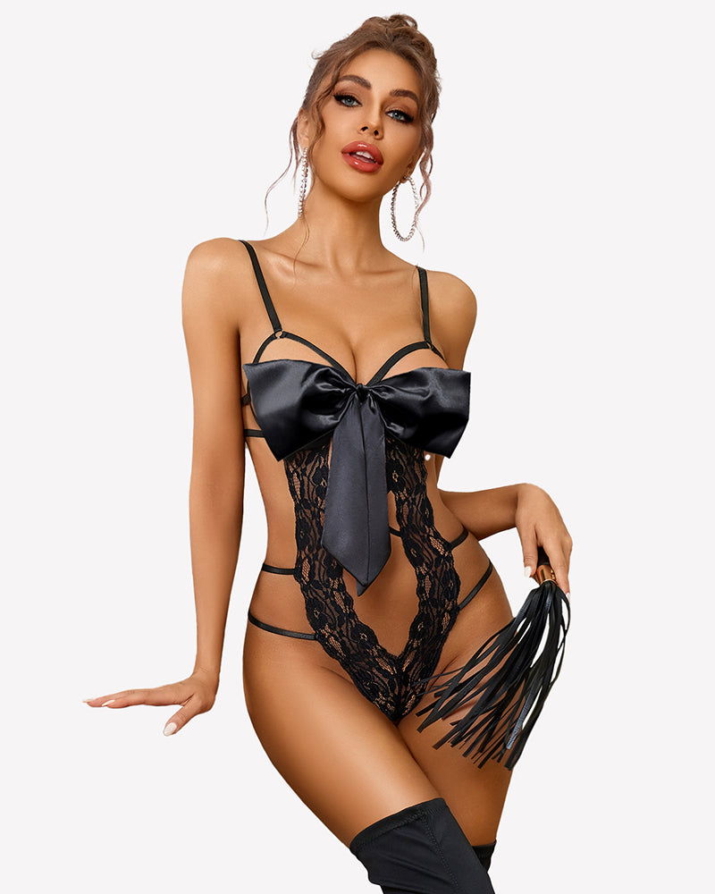 Floral Lace Teddy Bow Tie Bodysuit Lingeries-Bodysuits - Tophatter Daily Deals